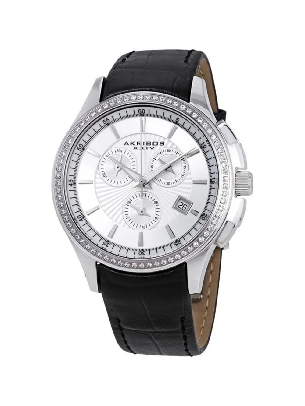 NWT Akribos XXIV Grandiose Crystal Chronograph Steel Black Leather Men's Watch